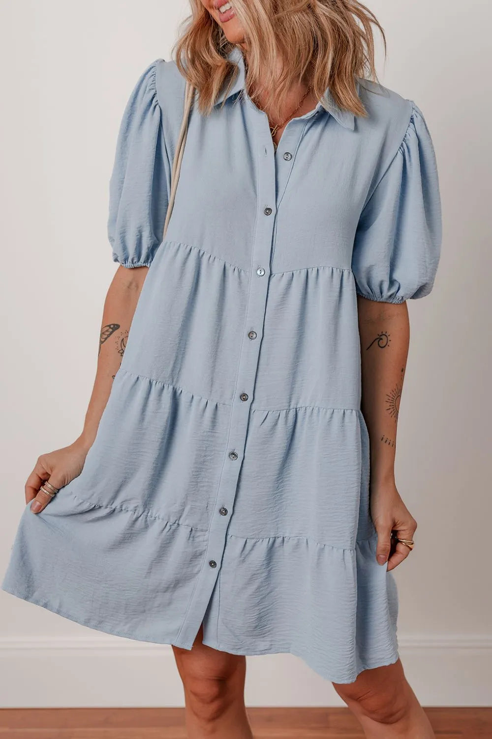 Button Up Puff Sleeve Tiered Shirt Dress