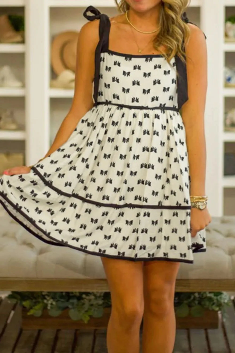 Bow Knot Color Contrast Trim Knotted Shoulder Mini Dress