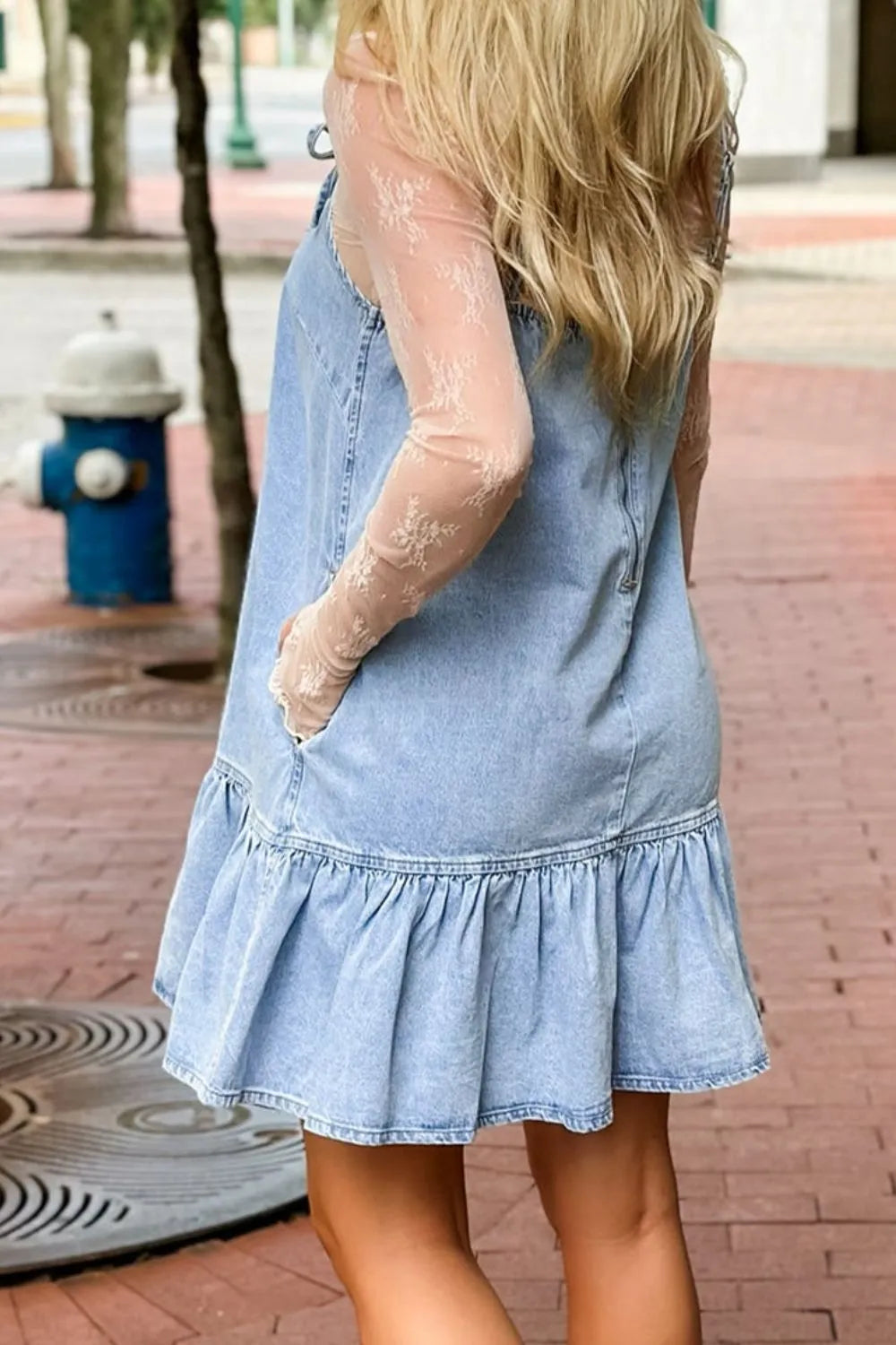 Bow Detail Spaghetti Straps Ruffle Hem Denim Dress