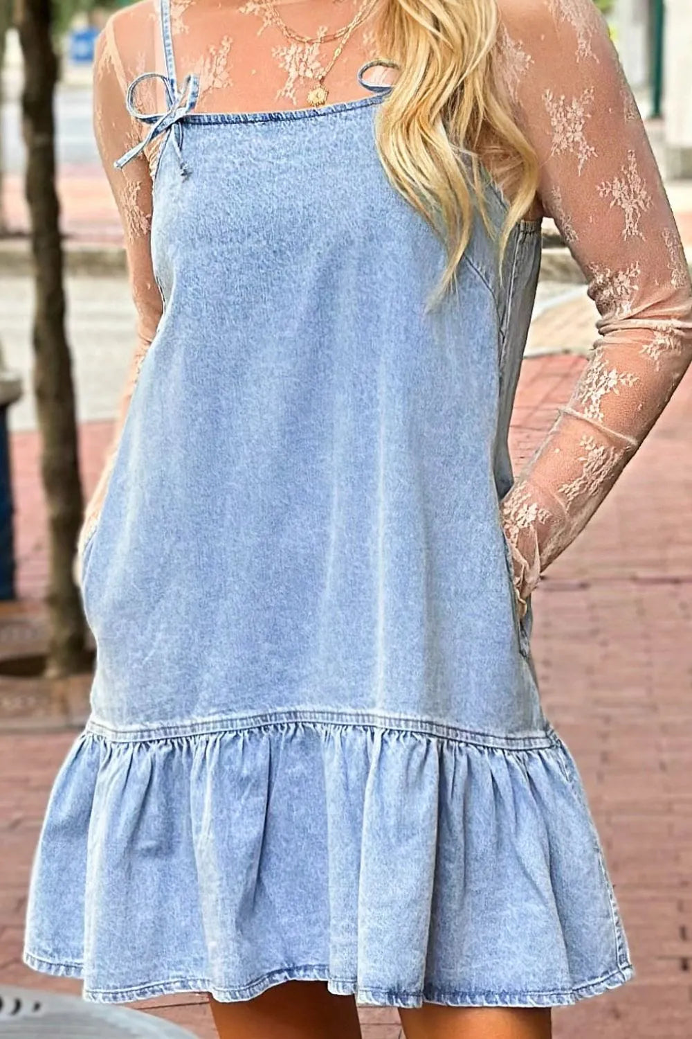 Bow Detail Spaghetti Straps Ruffle Hem Denim Dress
