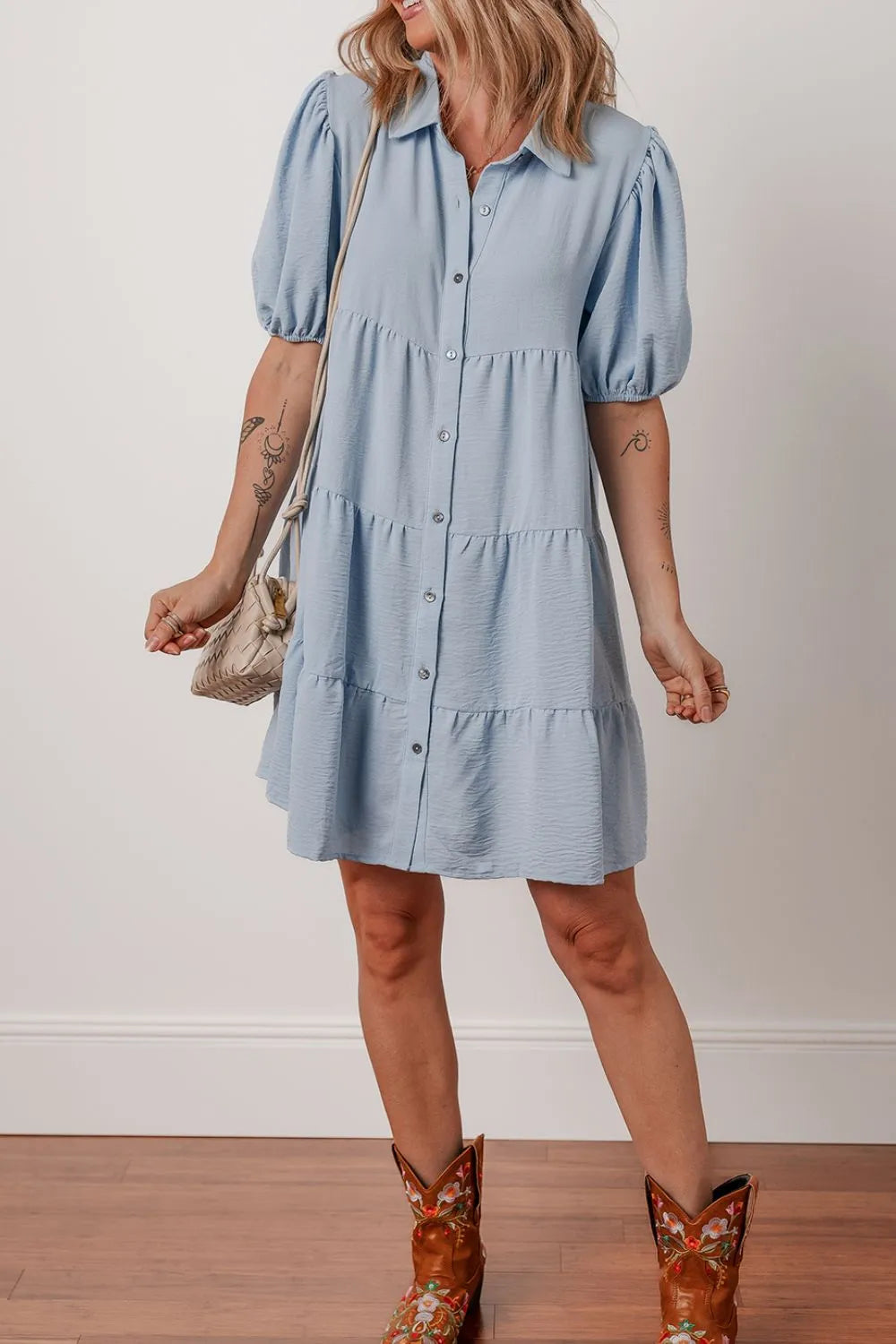 Button Up Puff Sleeve Tiered Shirt Dress