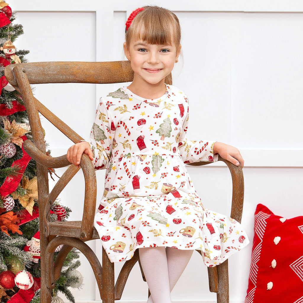 Girls’ Christmas Dress – Bamboo Holiday Tiered Twirl Dress - Noel