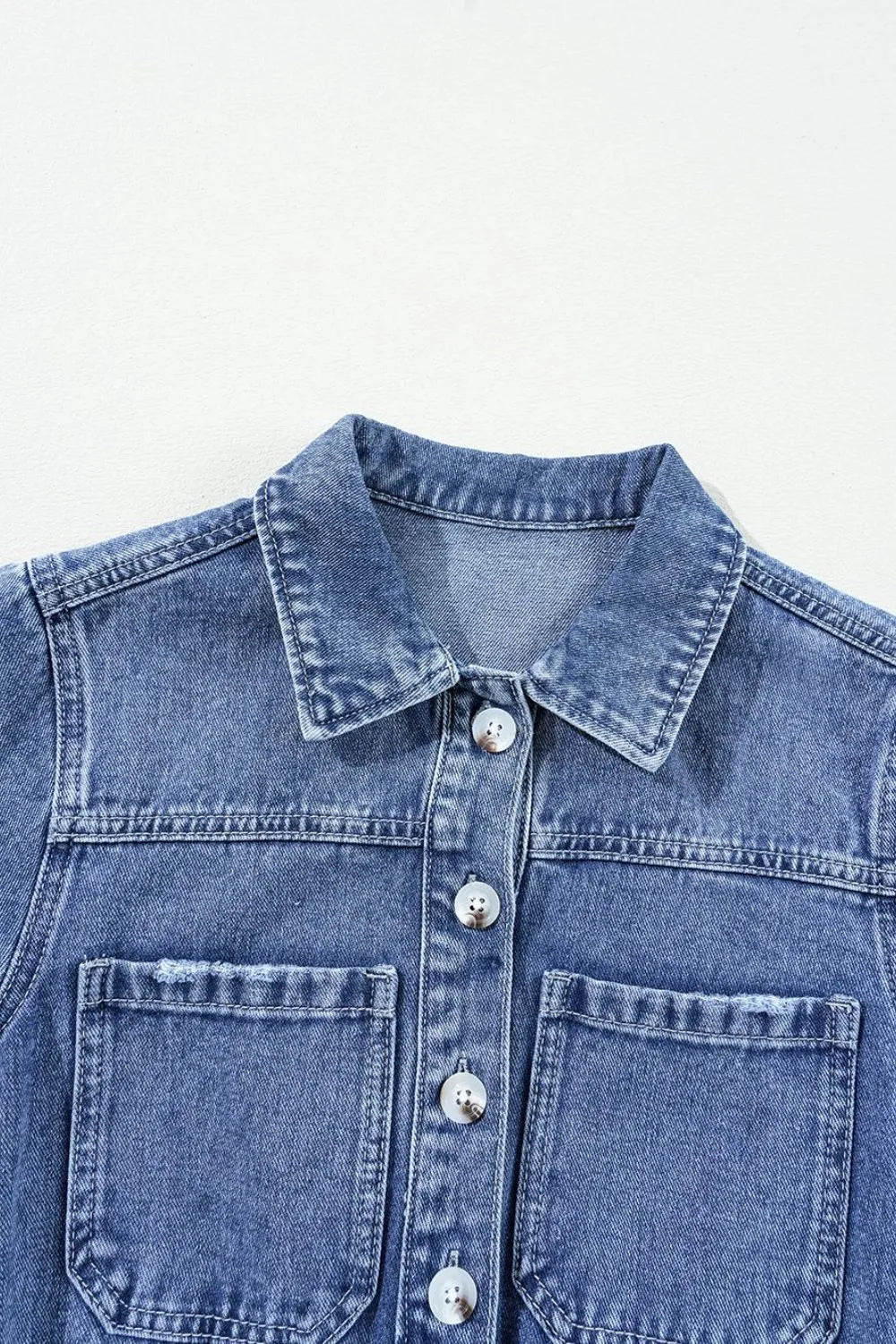 Chest Pocket Front Buttoned Folded Edge Denim Short Sleeve Romper