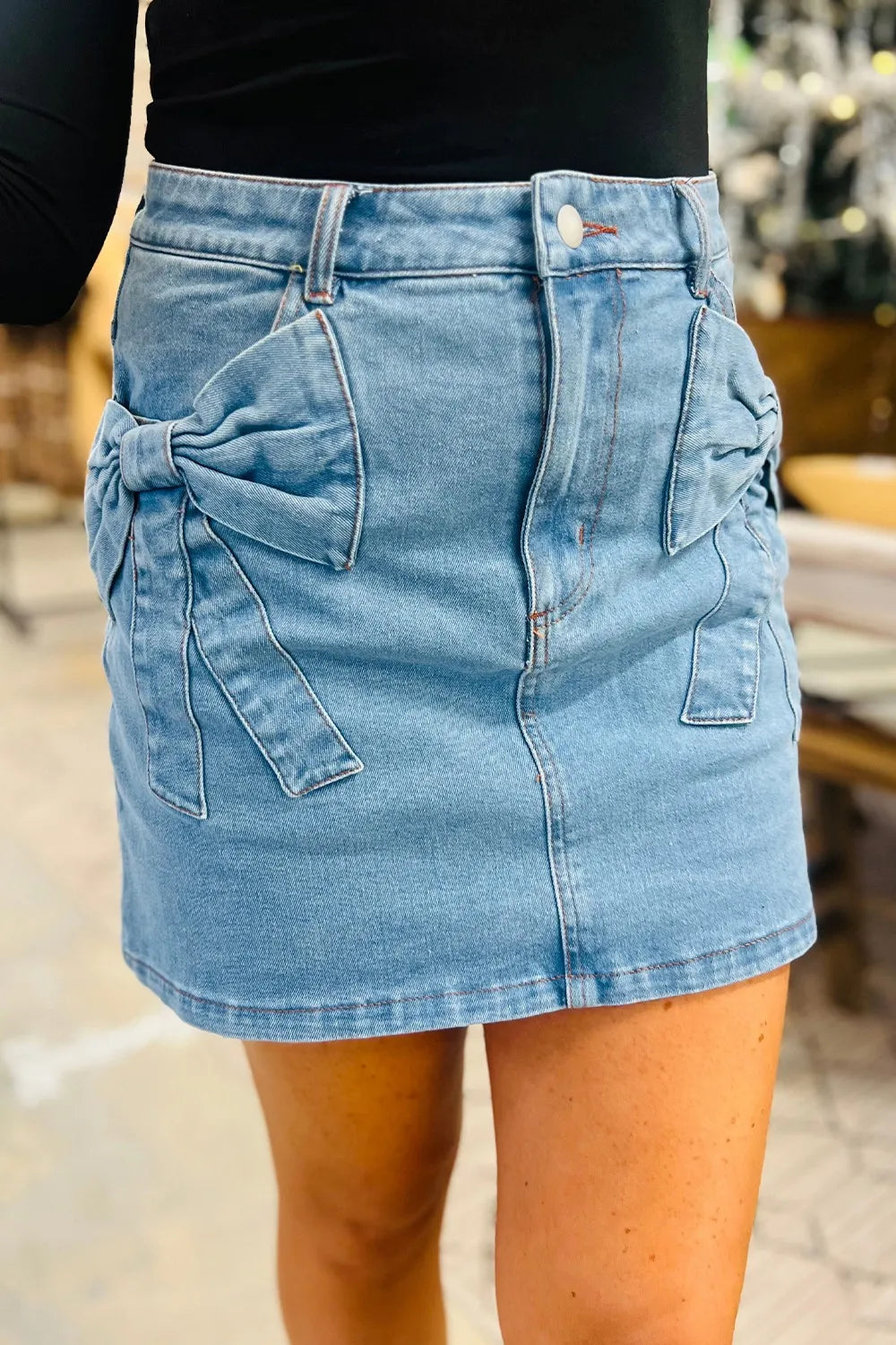 Acid Wash Bowknot Details High Waist Denim Skirt