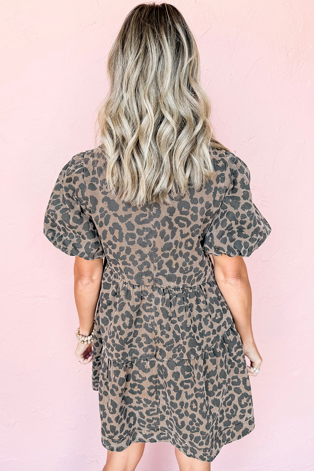 Brown Leopard Print Short Sleeve Flared Denim Mini Dress