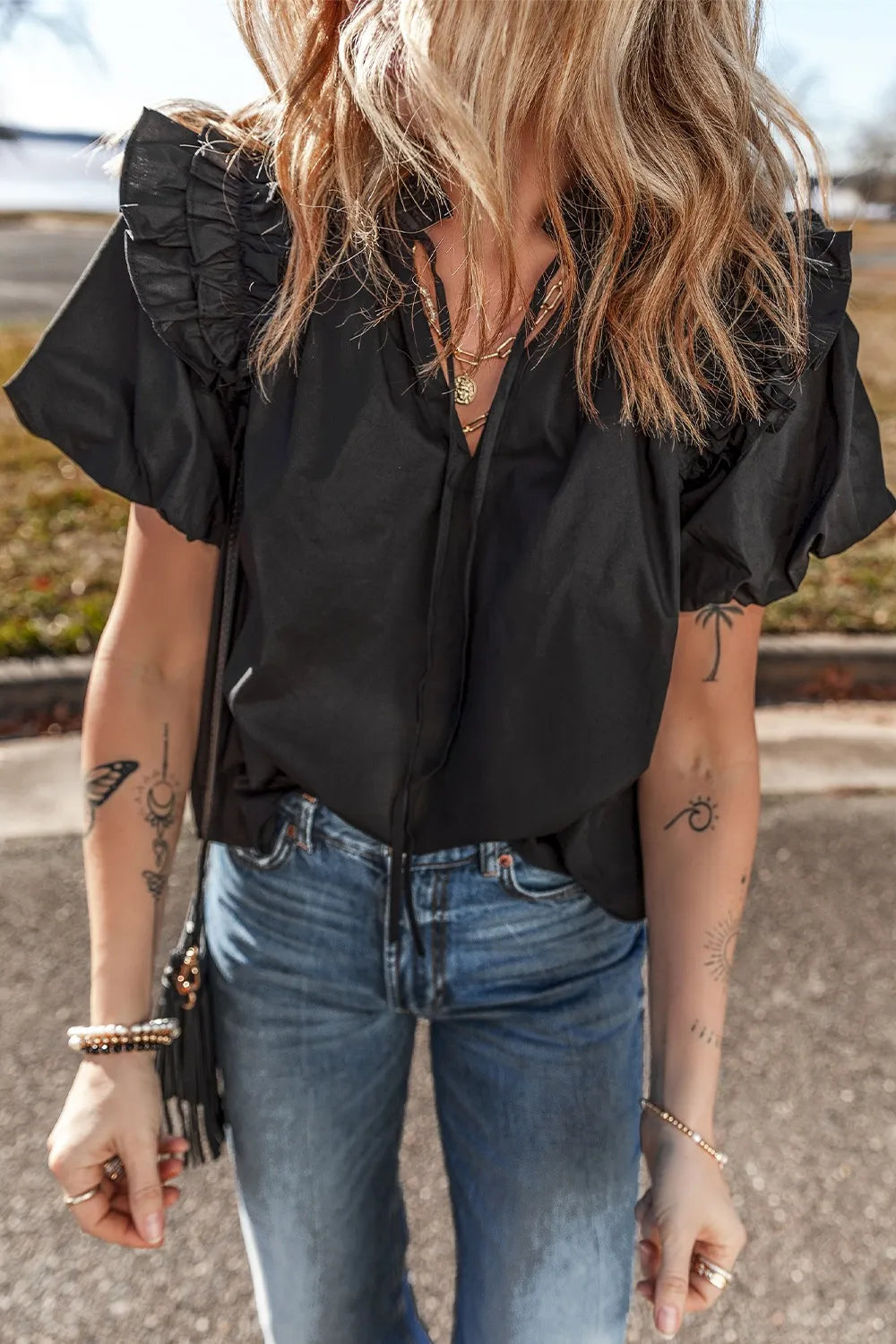 Ruffled Puff Short Sleeve Loose Blouse