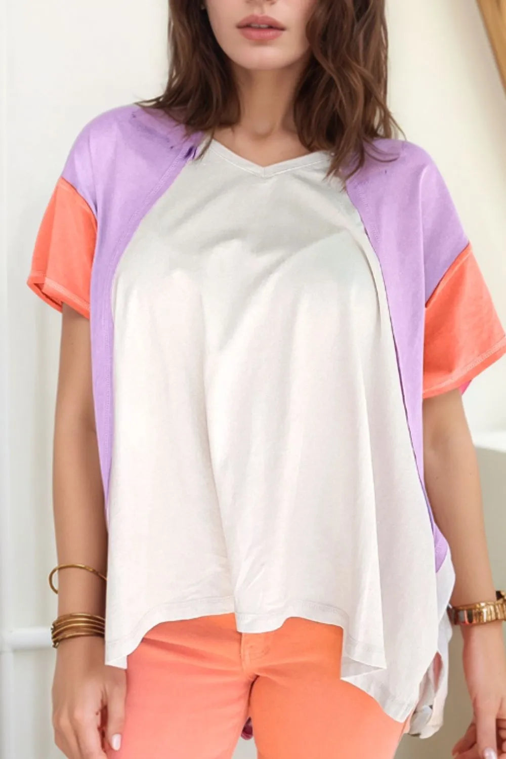 Color Block Patchwork V Neck Exposed Seam High Low T Shirt