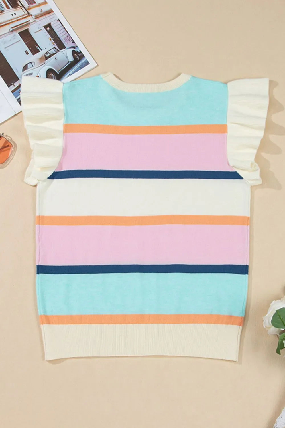 Color Block Round Neck Cap Sleeve Knit Top