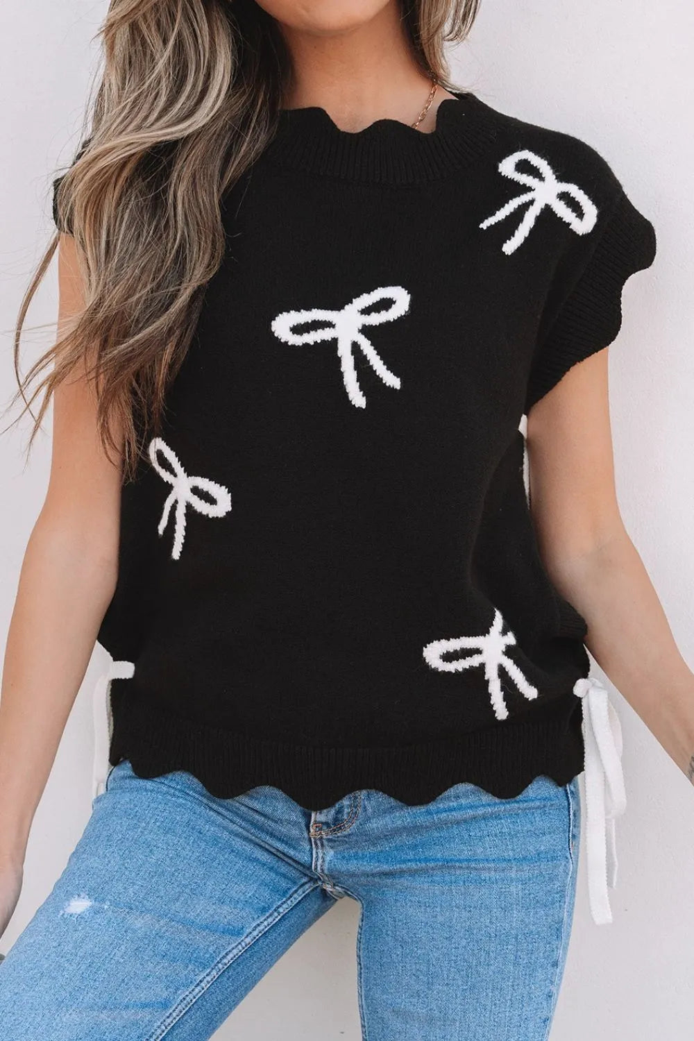 Bow Side Ties Scalloped Hem Cap Sleeve Sweater