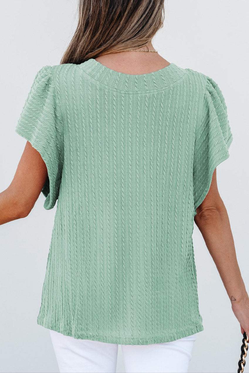 Solid Cable Textured Flutter Sleeve Top