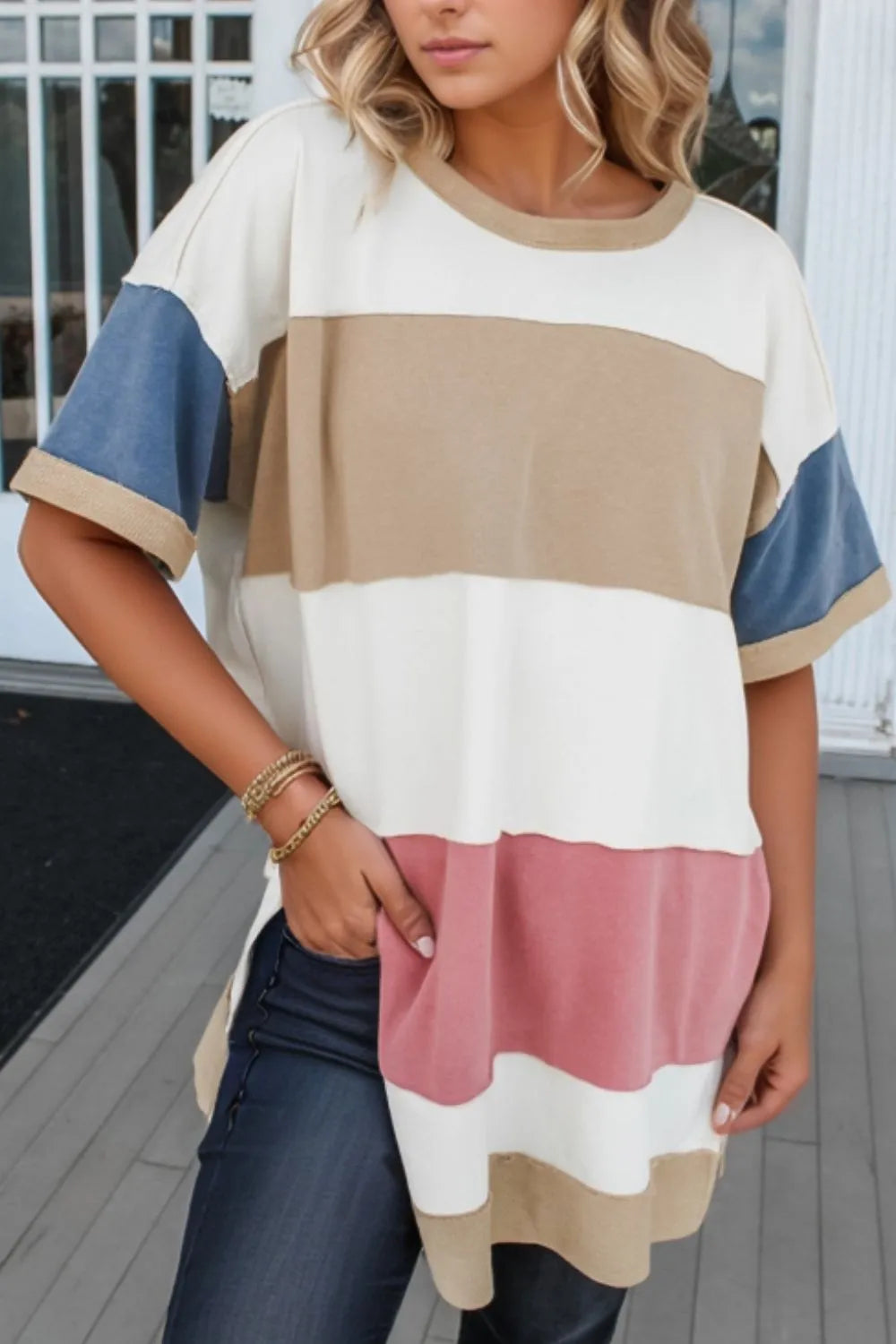 Color Block Patchwork Side Split Tunic T Shirt