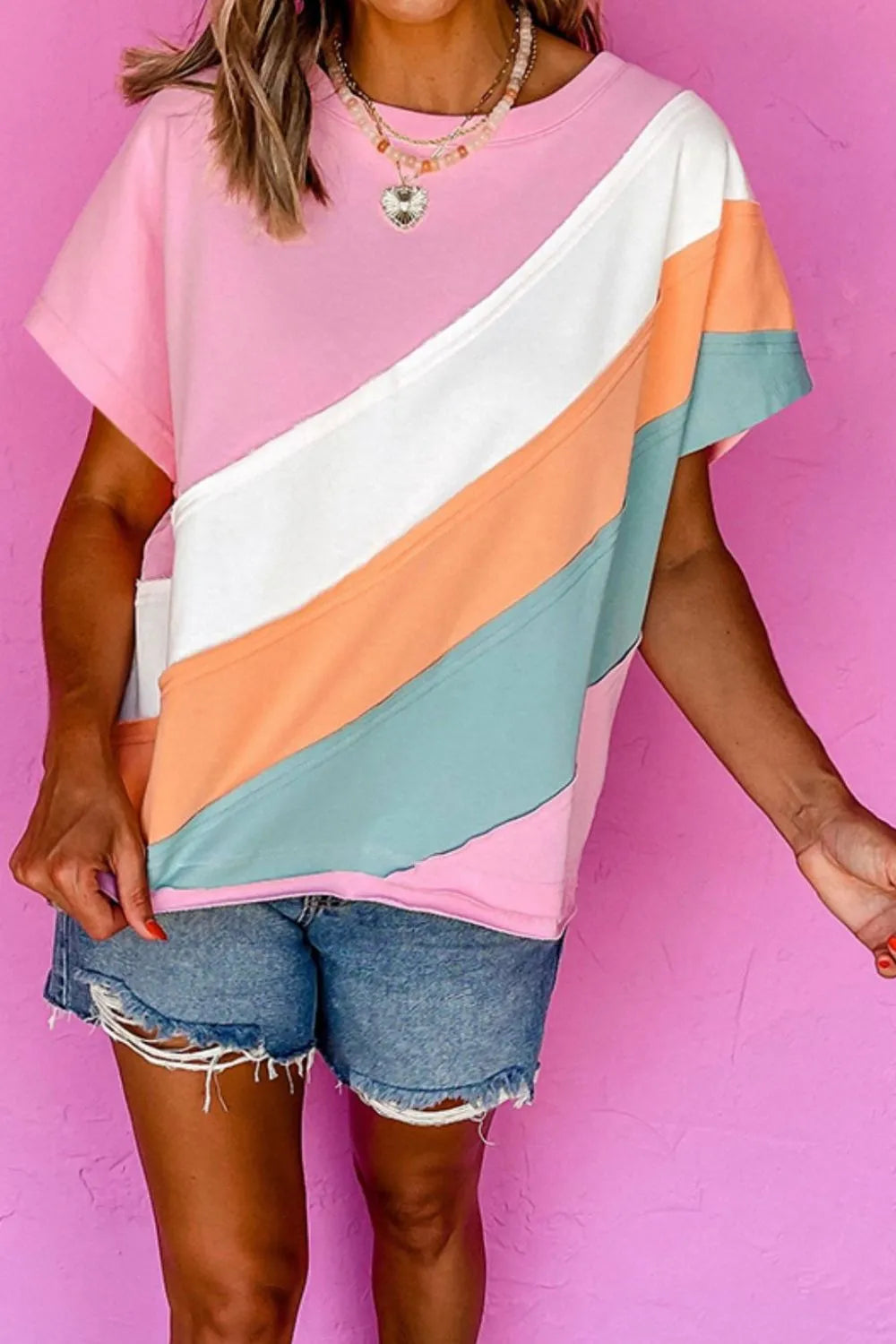 Color Block Round Neck Short Sleeve T Shirt