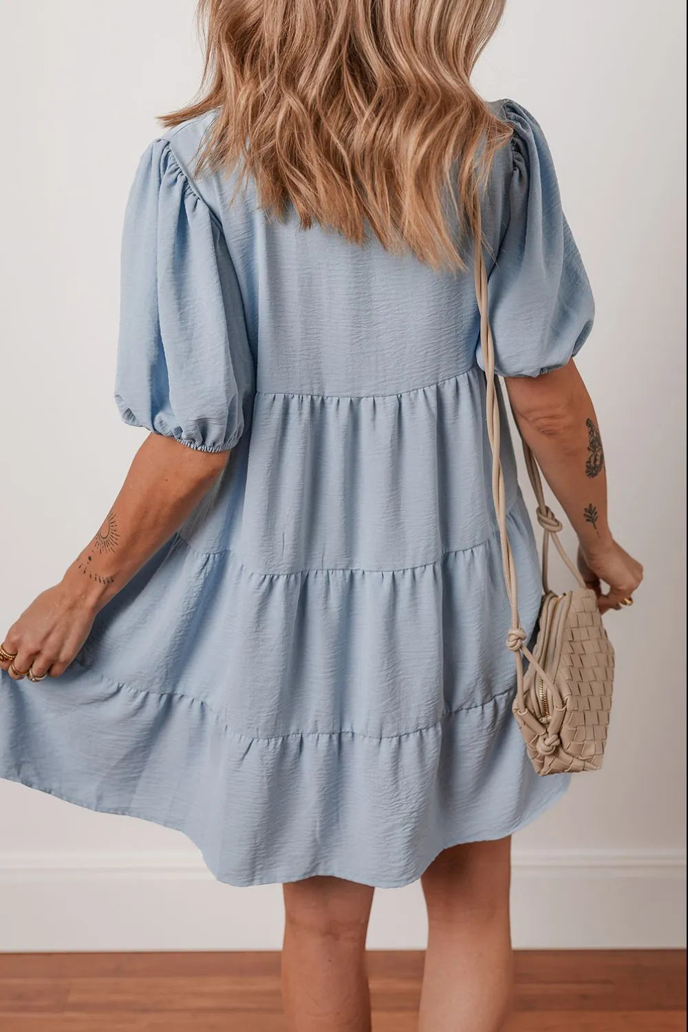 Button Up Puff Sleeve Tiered Shirt Dress