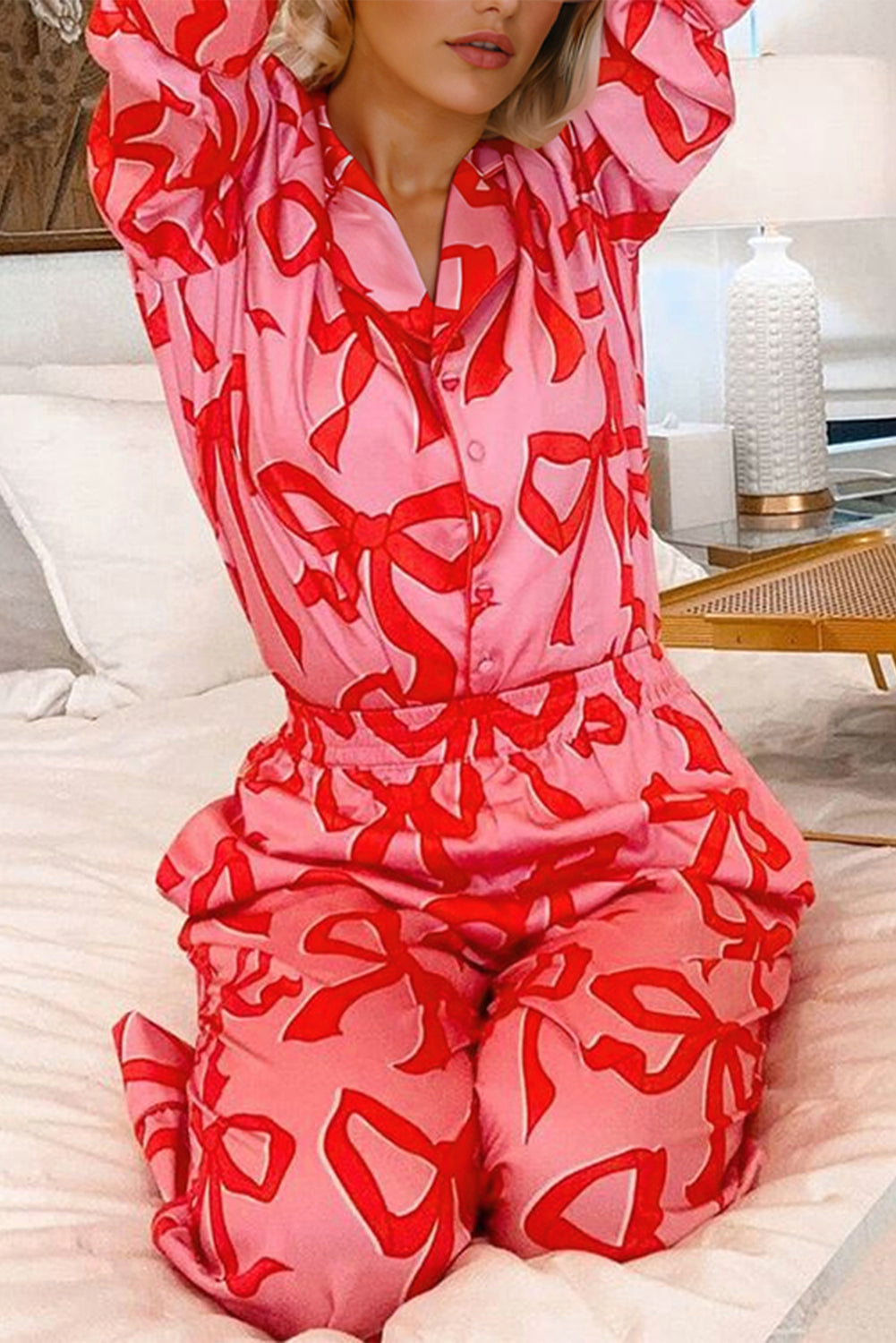 Pink Bow Sleeve Pajama Set