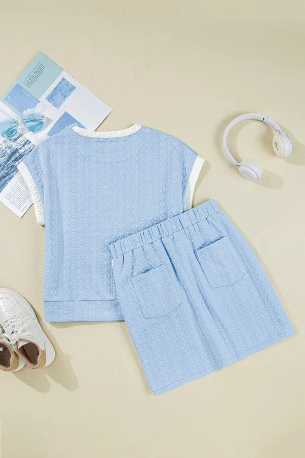 Contrast Trim Textured Crewneck Tee and Pocketed Skirt Set