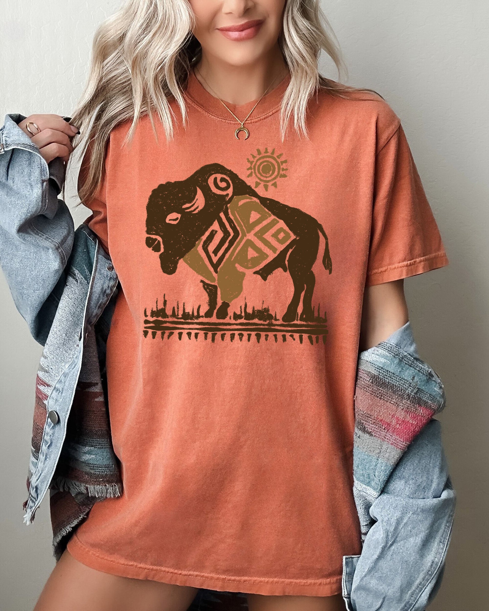 Bison, Western, Buffalo, Sun, Cowboy, Nature, Tribal Print Shirt Comfort Colors T-Shirt