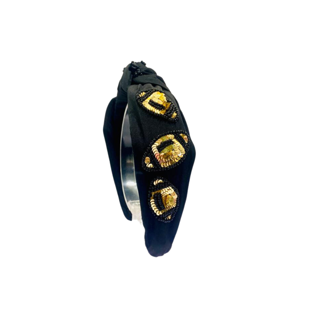 Headband Knot - Game Day Sequin Football - Black and Gold