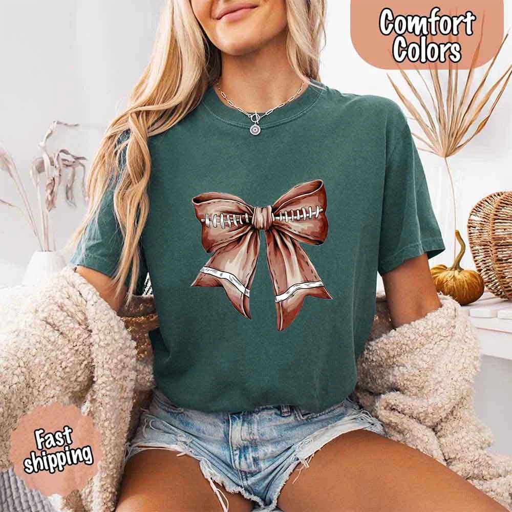 Comfort Colors Vintage Football Bow T-Shirt – Cute Game Day Tee for Women