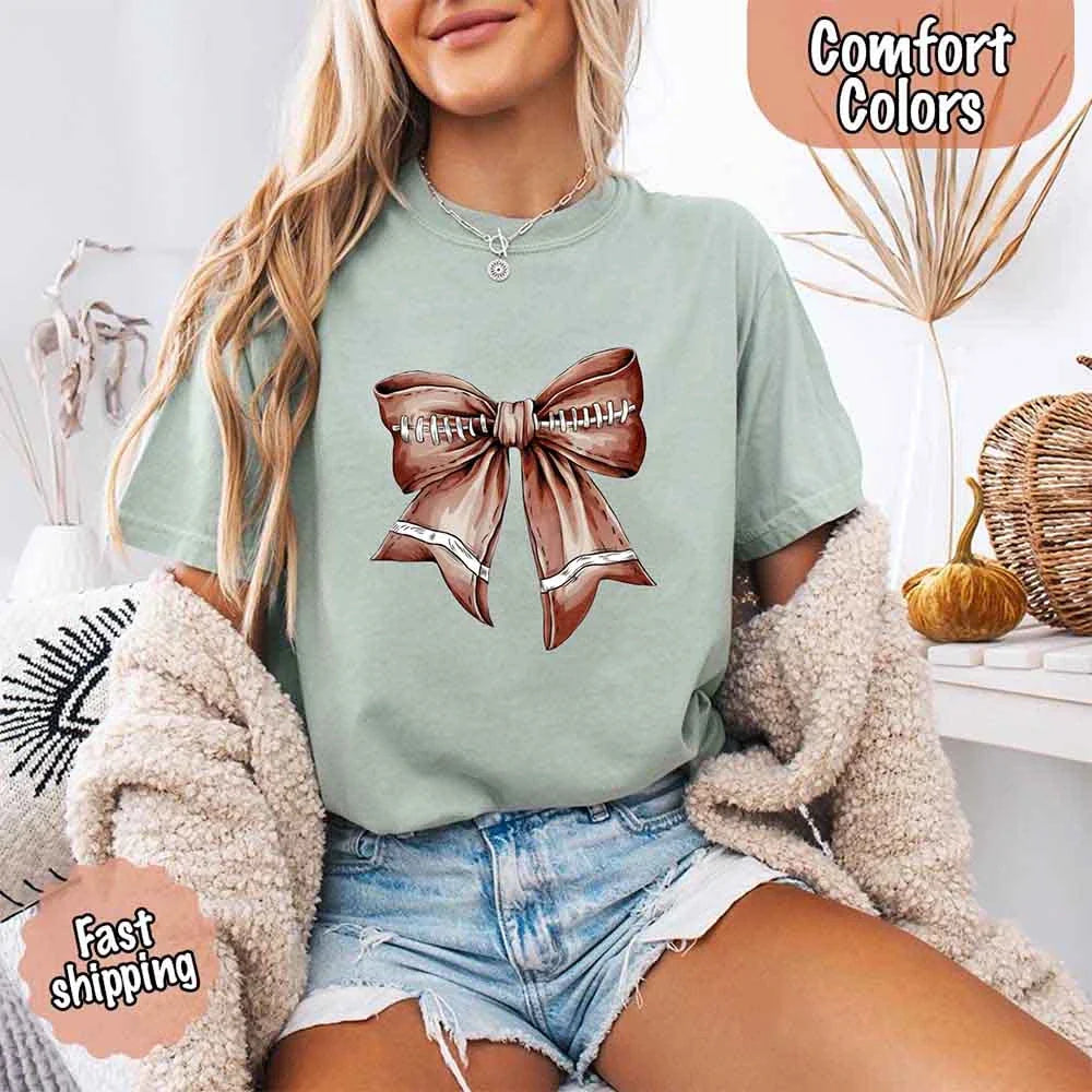 Comfort Colors Vintage Football Bow T-Shirt – Cute Game Day Tee for Women