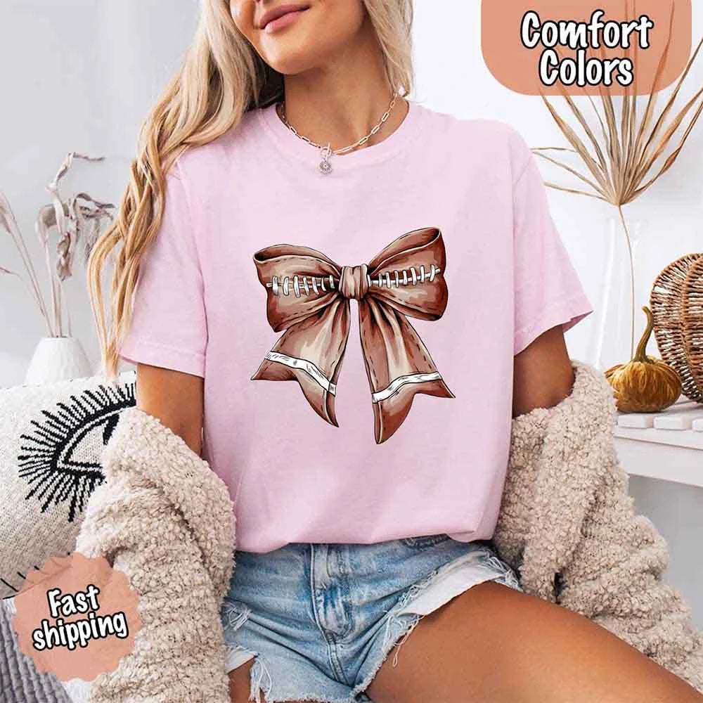 Comfort Colors Vintage Football Bow T-Shirt – Cute Game Day Tee for Women