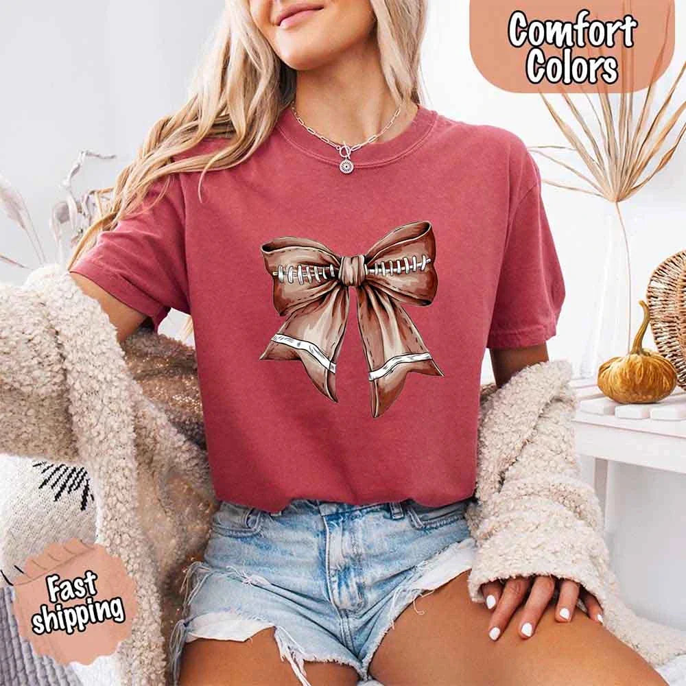 Comfort Colors Vintage Football Bow T-Shirt – Cute Game Day Tee for Women
