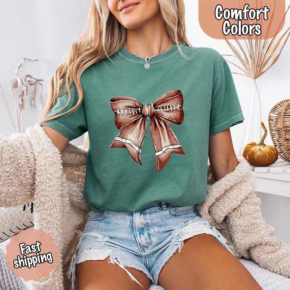 Comfort Colors Vintage Football Bow T-Shirt – Cute Game Day Tee for Women