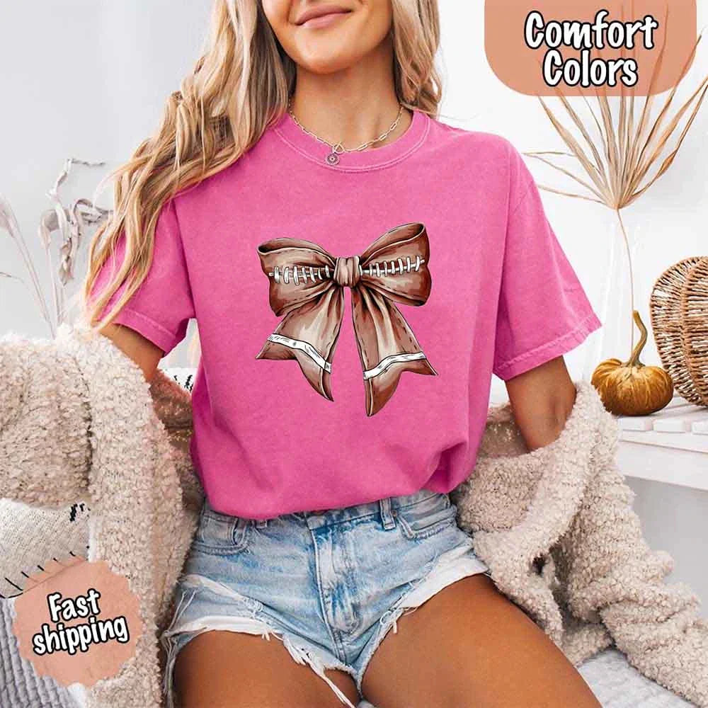 Comfort Colors Vintage Football Bow T-Shirt – Cute Game Day Tee for Women