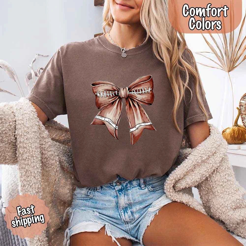 Comfort Colors Vintage Football Bow T-Shirt – Cute Game Day Tee for Women