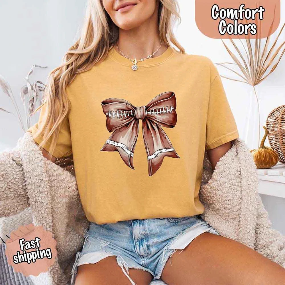 Comfort Colors Vintage Football Bow T-Shirt – Cute Game Day Tee for Women