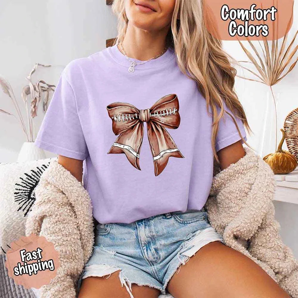 Comfort Colors Vintage Football Bow T-Shirt – Cute Game Day Tee for Women