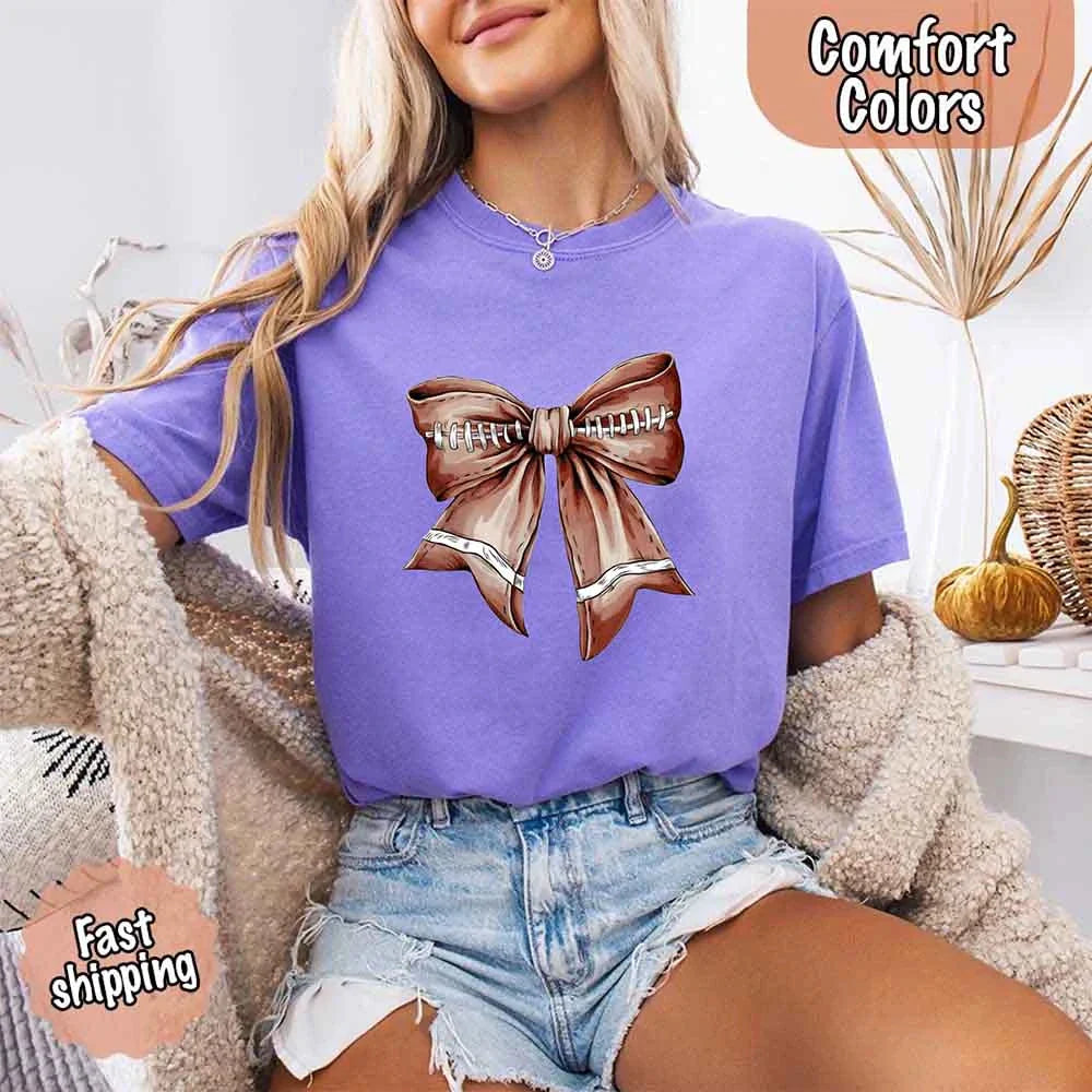 Comfort Colors Vintage Football Bow T-Shirt – Cute Game Day Tee for Women
