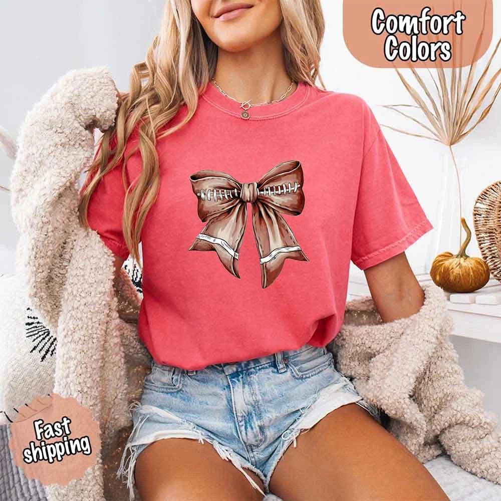Comfort Colors Vintage Football Bow T-Shirt – Cute Game Day Tee for Women