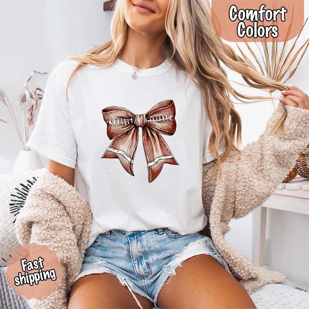 Comfort Colors Vintage Football Bow T-Shirt – Cute Game Day Tee for Women