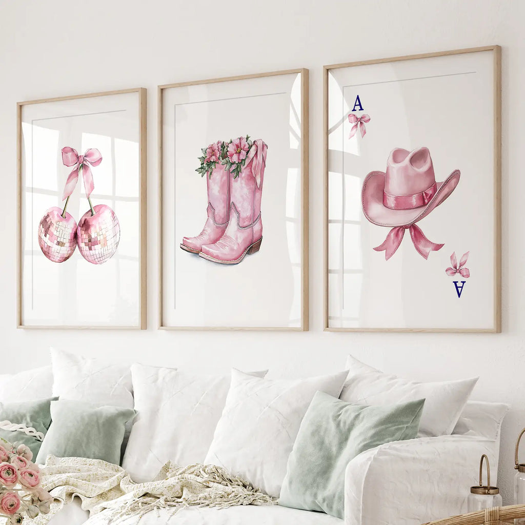 Cowgirl Hat and Boots Wall Art Pink Poster Set