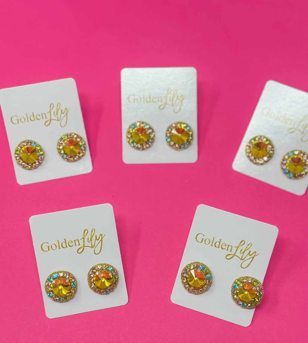 Statement Stud Earrings - Yellow with Multi Stones