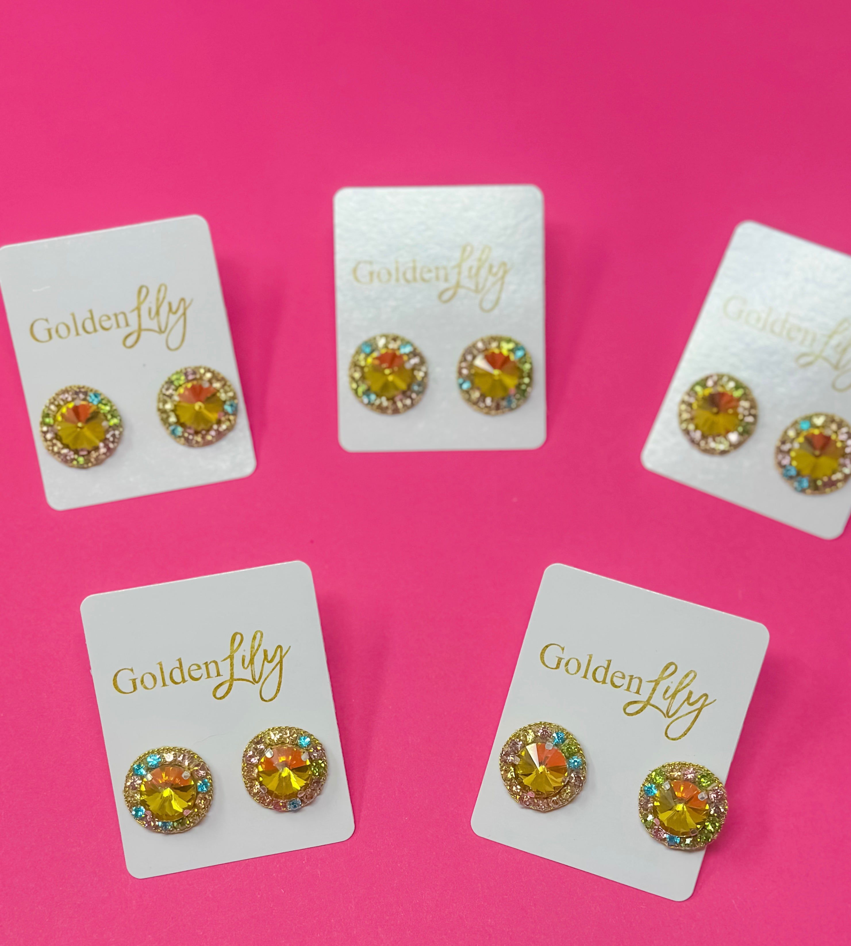 Statement Stud Earrings - Yellow with Multi Stones