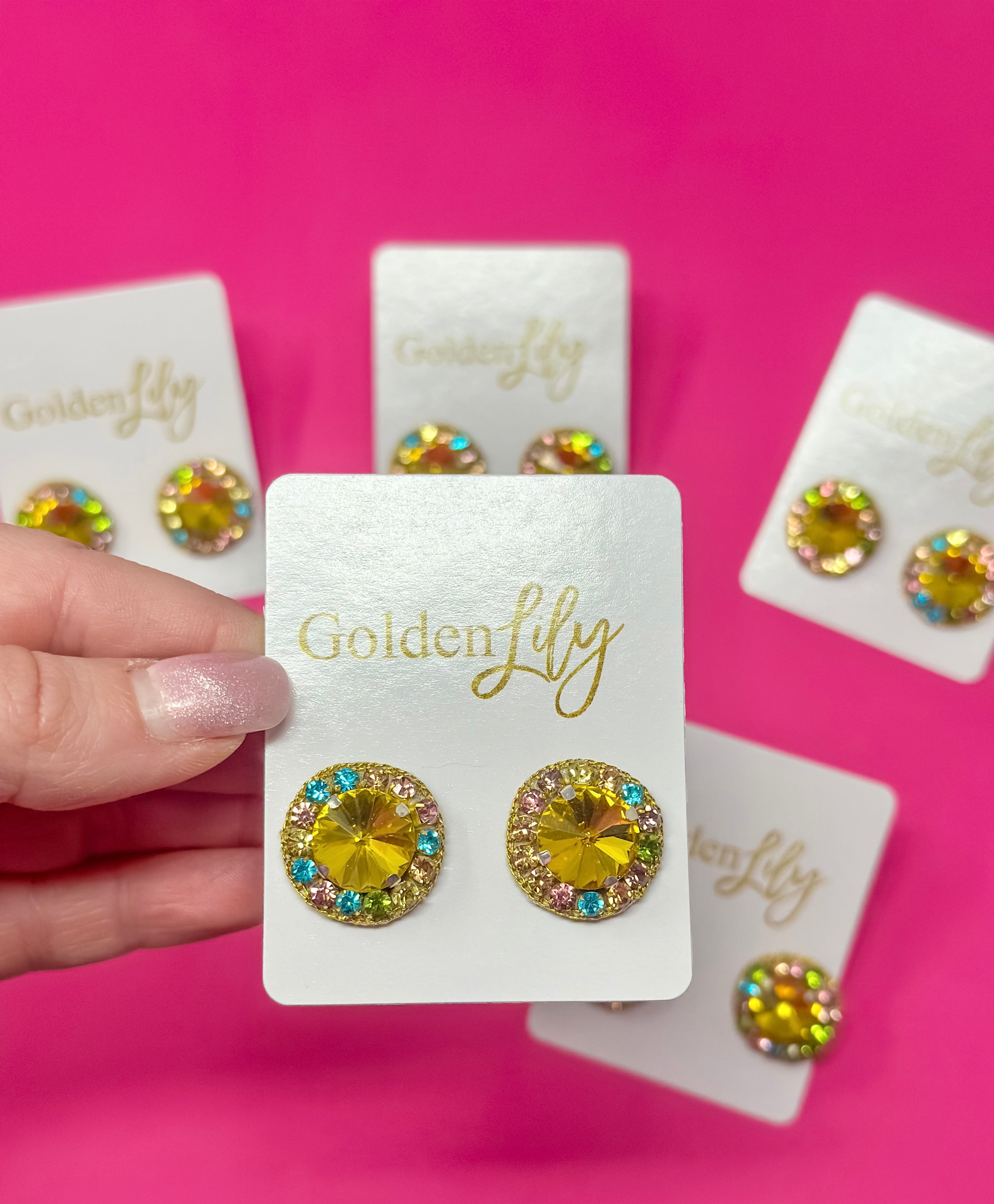 Statement Stud Earrings - Yellow with Multi Stones