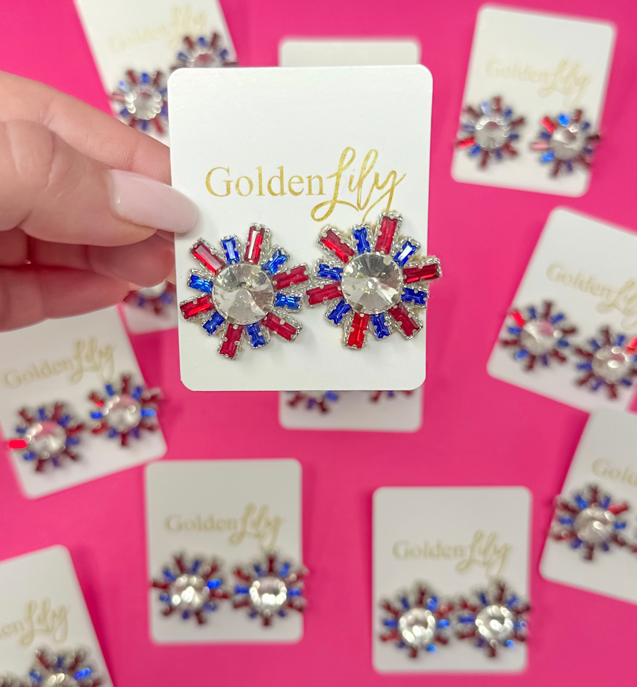 Rhinestone Stud Burst Earrings - Red, White and Blue