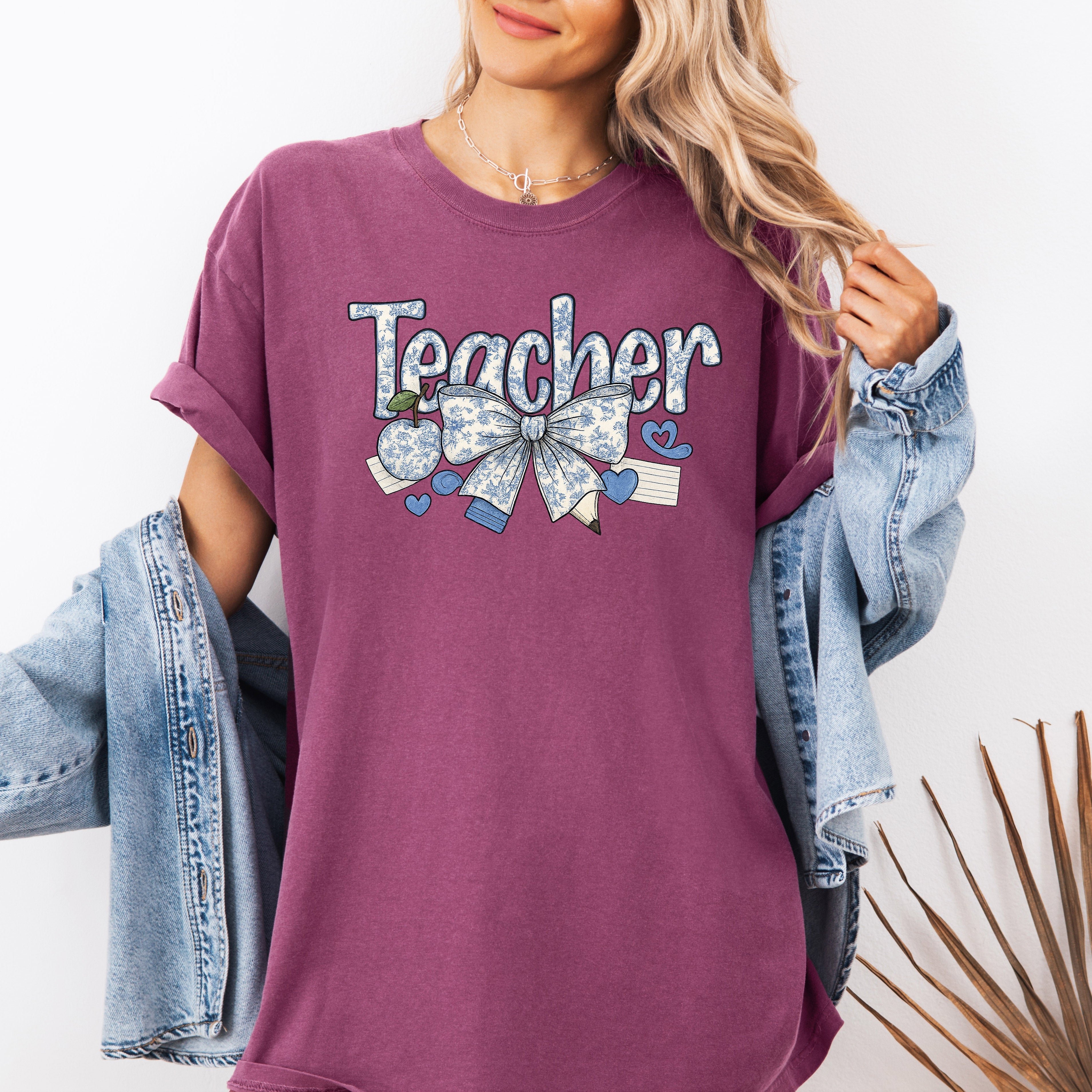 Teacher, Chinoiserie, Bow, Floral, First Day of School, Cute, Teacher Appreciation, Coquette, Comfort Colors T-Shirt