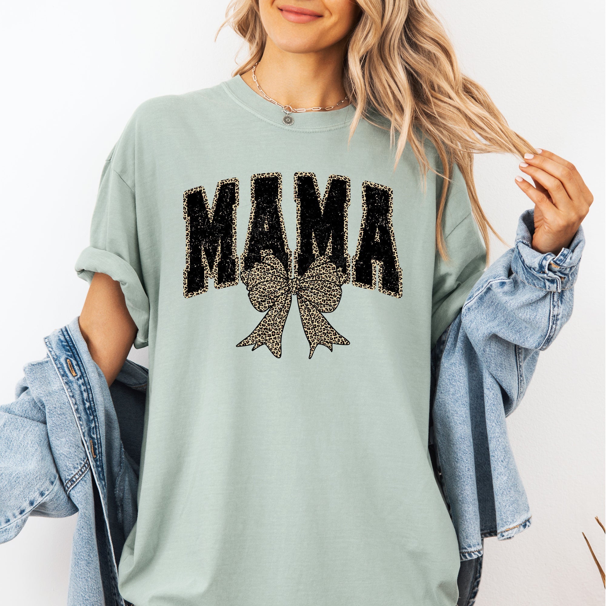 Mama, Black Leopard Print, Bow, Ribbon, Mother's Day Tshirt Comfort Colors T-Shirt
