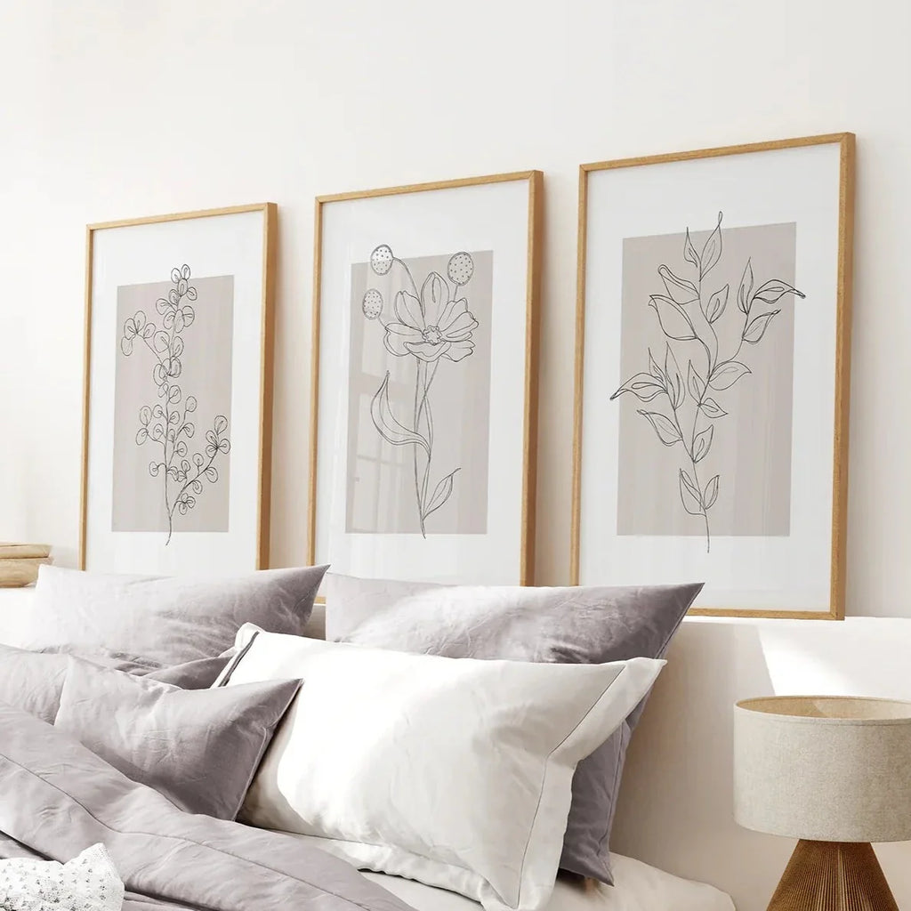 Pastel Botanical Wall Art Set of 3 Pieces. Gray and Beige
