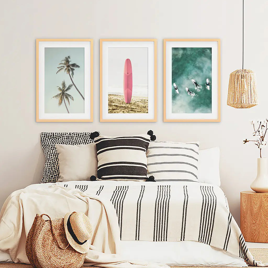 Pink Surfboard Wall Art. Pastel Beach, Waves, Tropical Palms