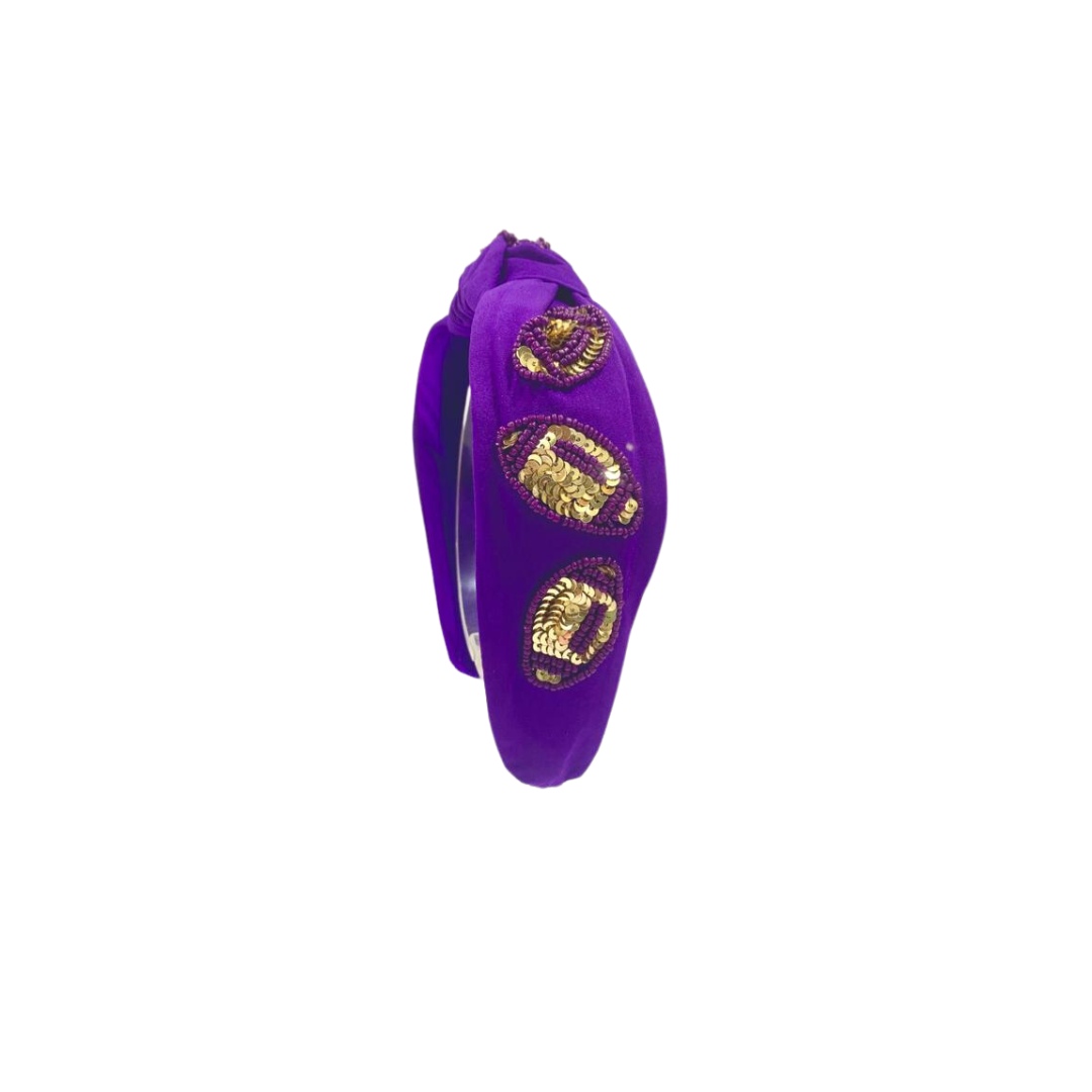 Headband Knot - Game Day Sequin Football - Purple and Gold