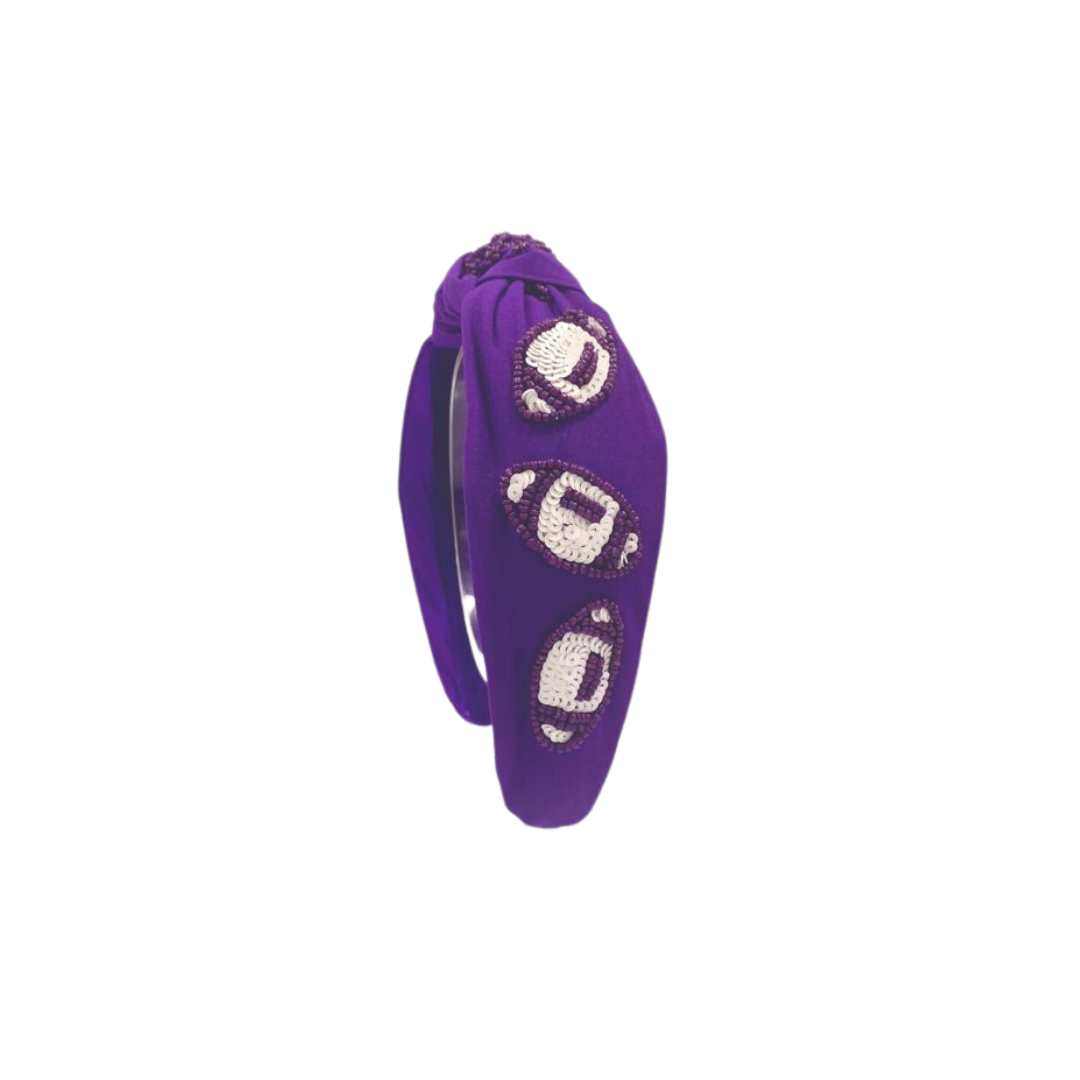 Headband Knot - Game Day Sequin Football - Purple and White