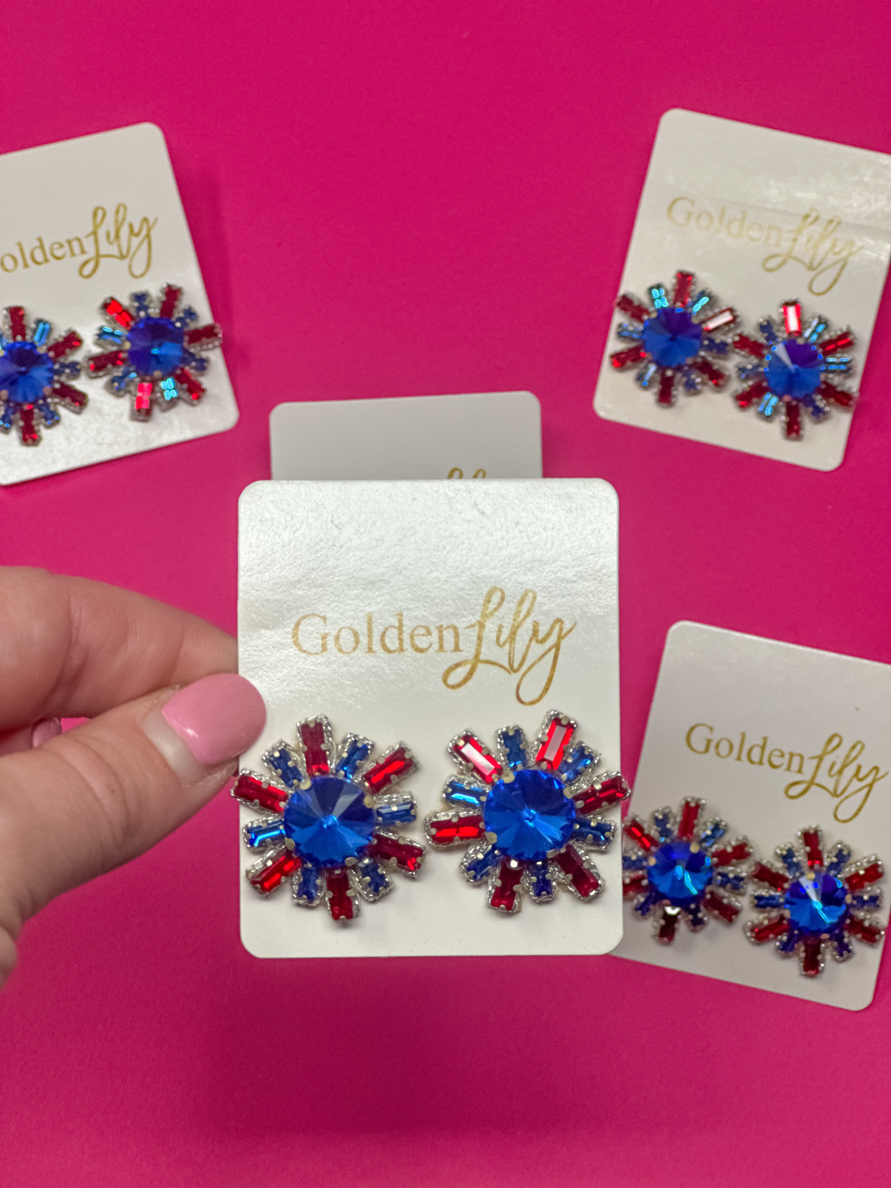 Rhinestone Stud Burst Earrings - Blue with Red, White and Blue