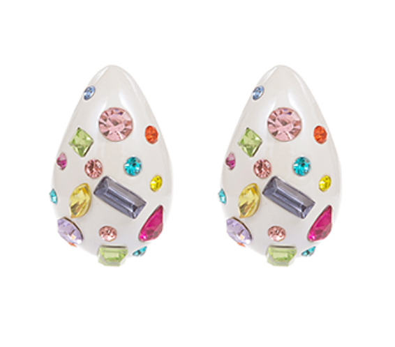 Rhinestone Tear Drop Earrings - White with Multi Colored Stones