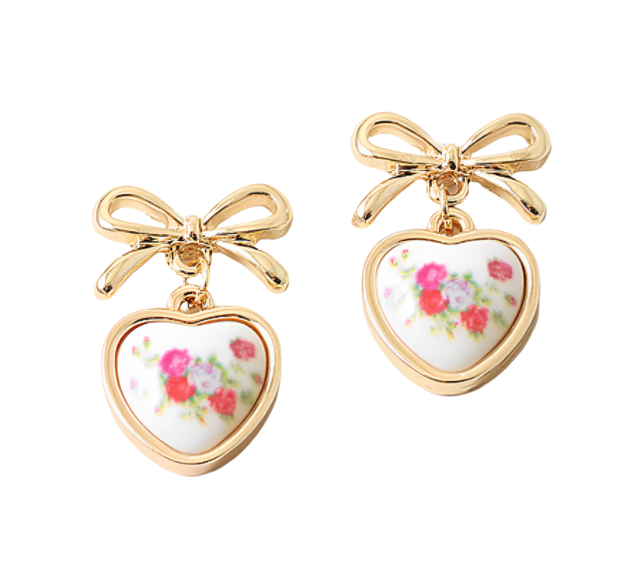 Floral Bow Earrings - Pink