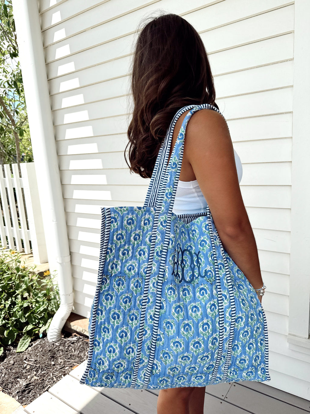 Quilted Block-Print Tote Bag