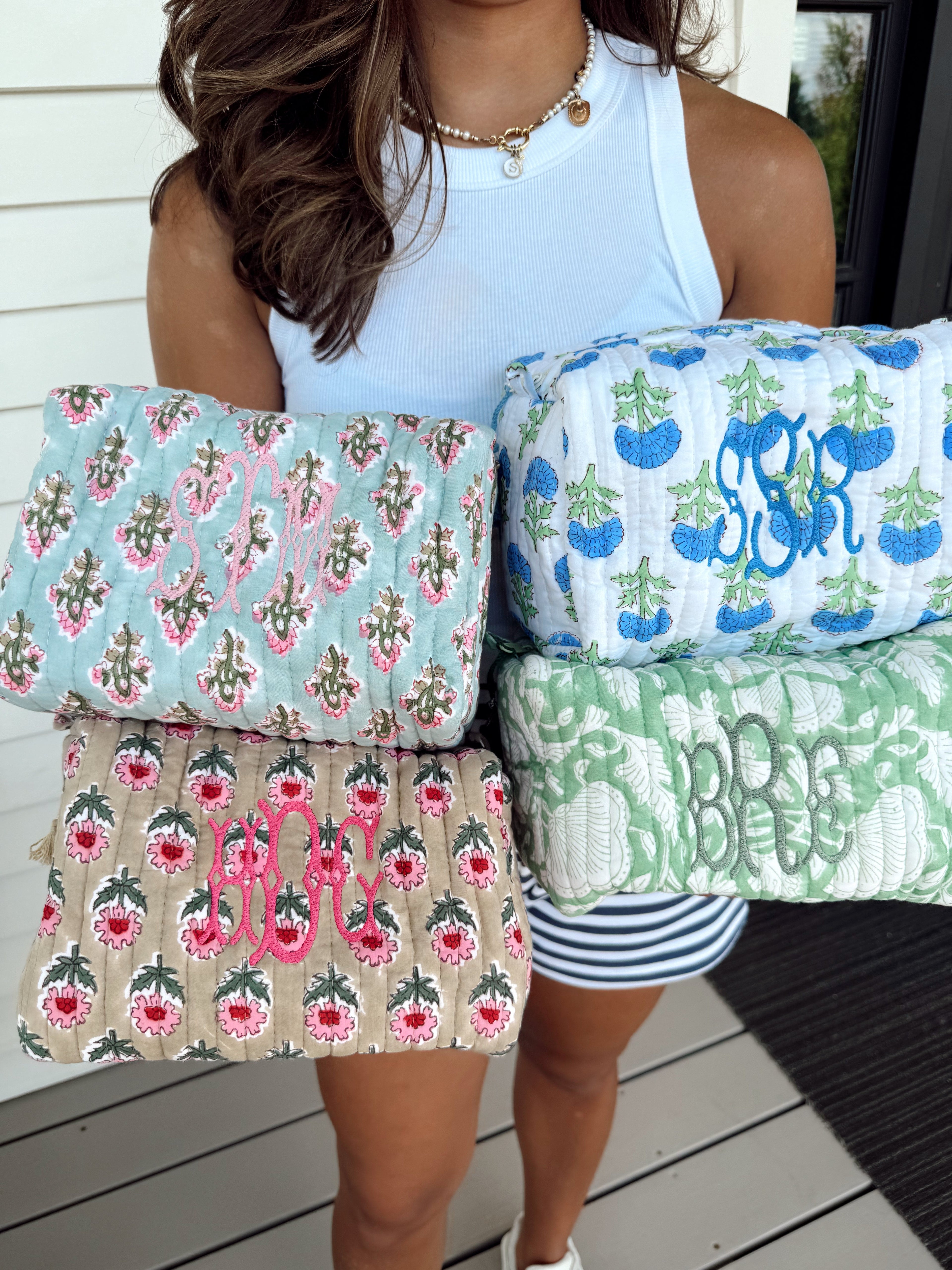 Quilted Block-Print Makeup Bag