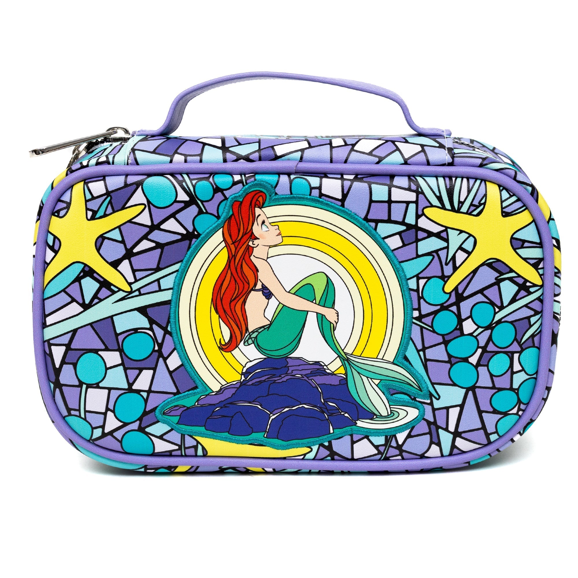 Disney Vegan Leather Travel Cosmetic Bag, Make-Up Bag for Women, The Little Mermaid Ariel Pose Applique Stained Glass Print